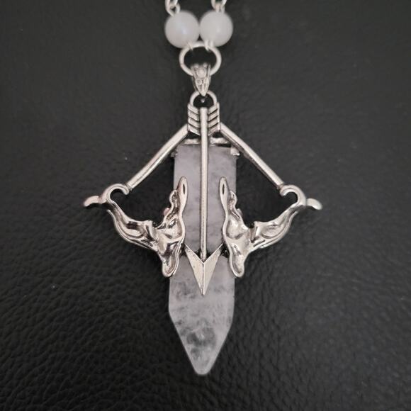 Iridescent moonstone & quartz crystal necklace, bow & arrow pendant - Picture 3 of 7